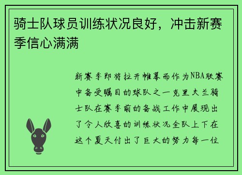 骑士队球员训练状况良好，冲击新赛季信心满满